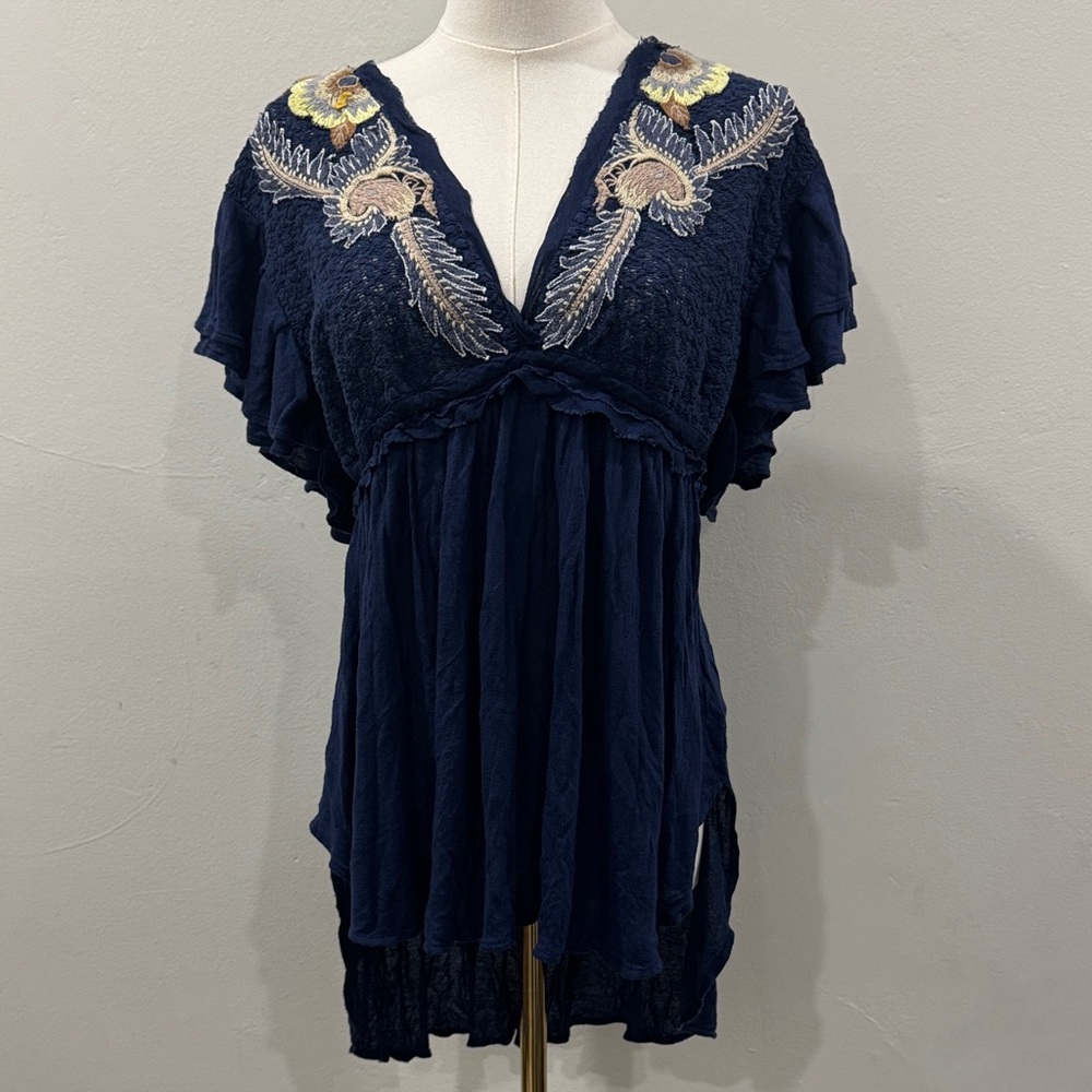 Free People Embroidered Boho Blouse – Deep V-Neck with Tassel Tie-Back - Size SP